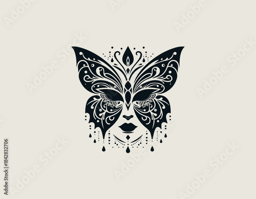 Intricate decorative butterfly wings masquerade mask covering a seductive woman's face vector illustration. Mystery performance concept