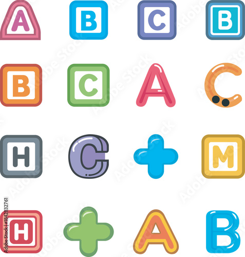 Vibrant Alphabet Letters in Colorful Icon Set for Educational Materials and Kids Projects