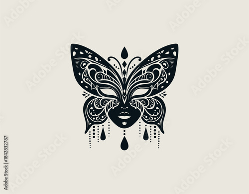 Intricate decorative butterfly wings masquerade mask covering a seductive woman's face vector illustration. Mystery performance concept