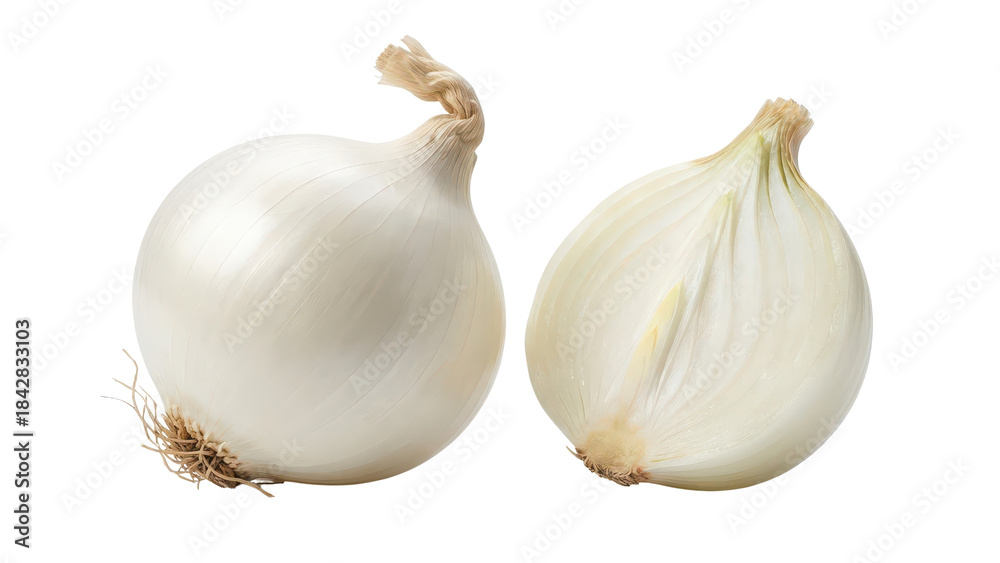 Fototapeta premium Whole White Onion and Halved White Onion isolated PNG with Transparent Background