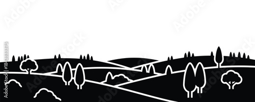 Rolling hill landscape with tall trees tranquil nature scene silhouette vector illustration