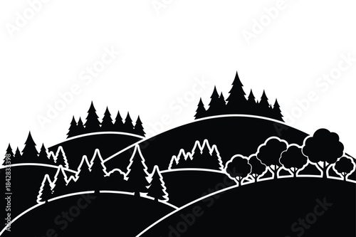 Scenic rolling hills with scattered trees calm natural silhouette vector illustration
