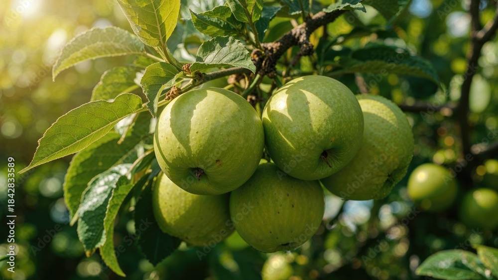 Fototapeta premium Green apples hanging on a tree with sunlight filtering through the leaves. Fresh fruit, orchard, and nature. The image of healthy, ripe apples on a bright sunny day.