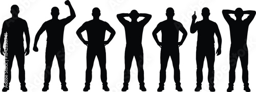 Standing pose silhouettes, black vector, body language, gesture variety, human posture, white background, expressive stance, fist, pointing, hands on hips