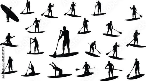 Stand-up paddleboarding silhouettes, black vector illustration, dynamic SUP poses, water sport activity, balance, fitness, adventure, outdoor recreation, paddle board art