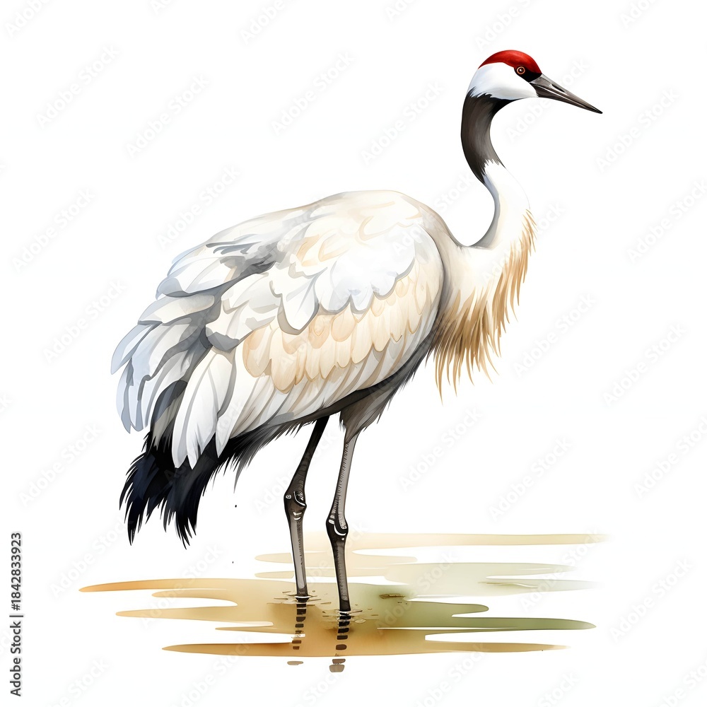 Fototapeta premium Elegant watercolor illustration of a whooping crane wading in shallow water