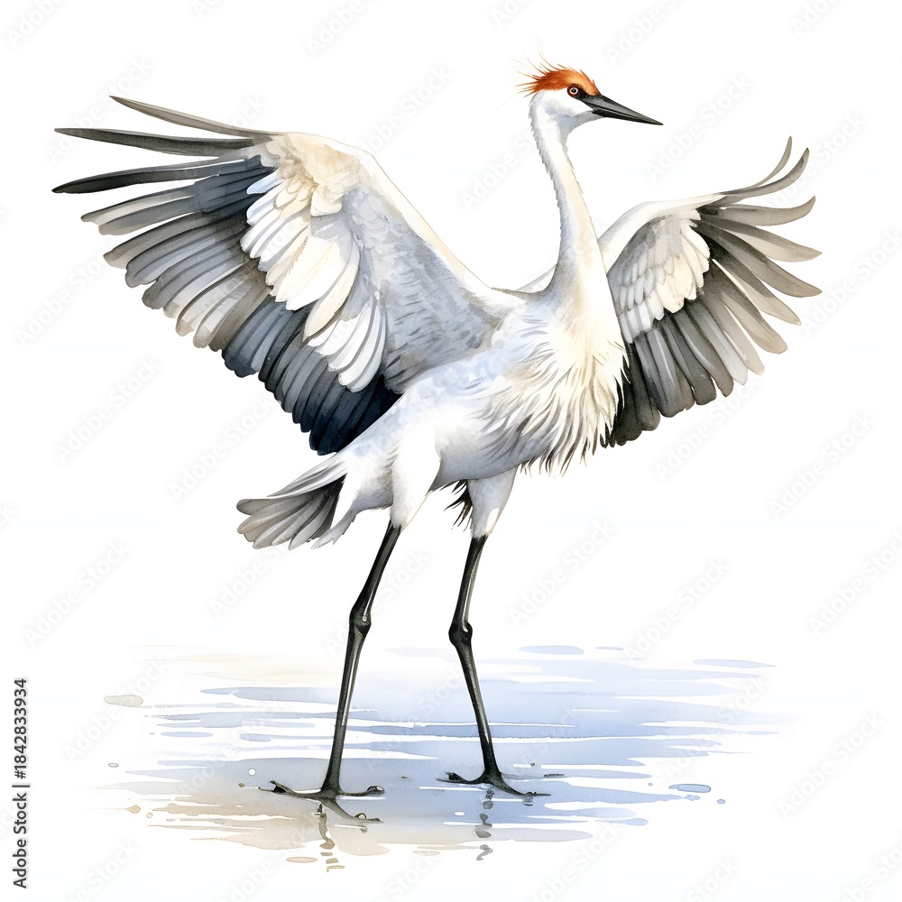 Fototapeta premium Elegant whooping crane standing tall with its wings outstretched in a watercolor art style