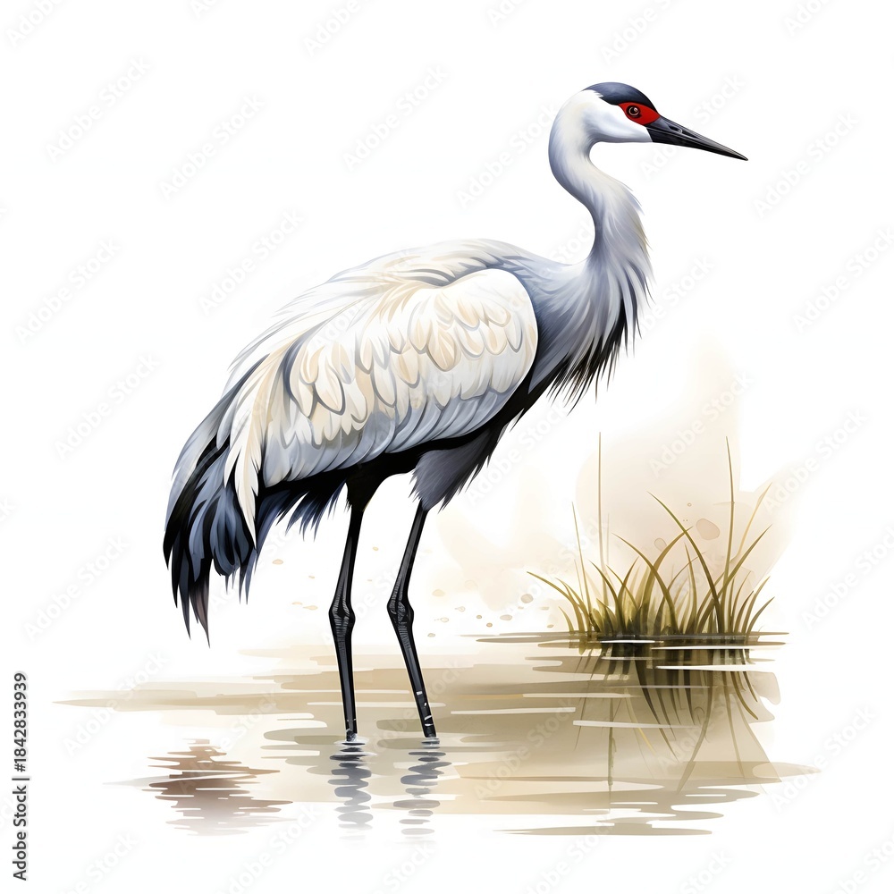 Obraz premium Elegant whooping crane stands gracefully in shallow water with muted surroundings