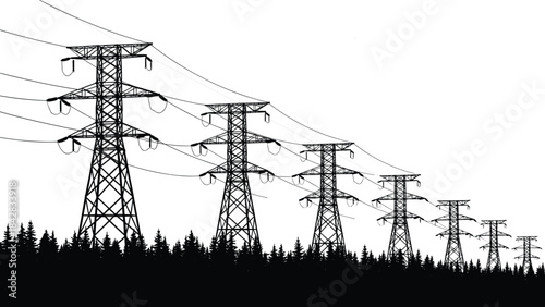 PrintTransmission towers in forest silhouette, power lines, energy infrastructure, black figures, white background, nature contrast, electricity grid, perspective depth