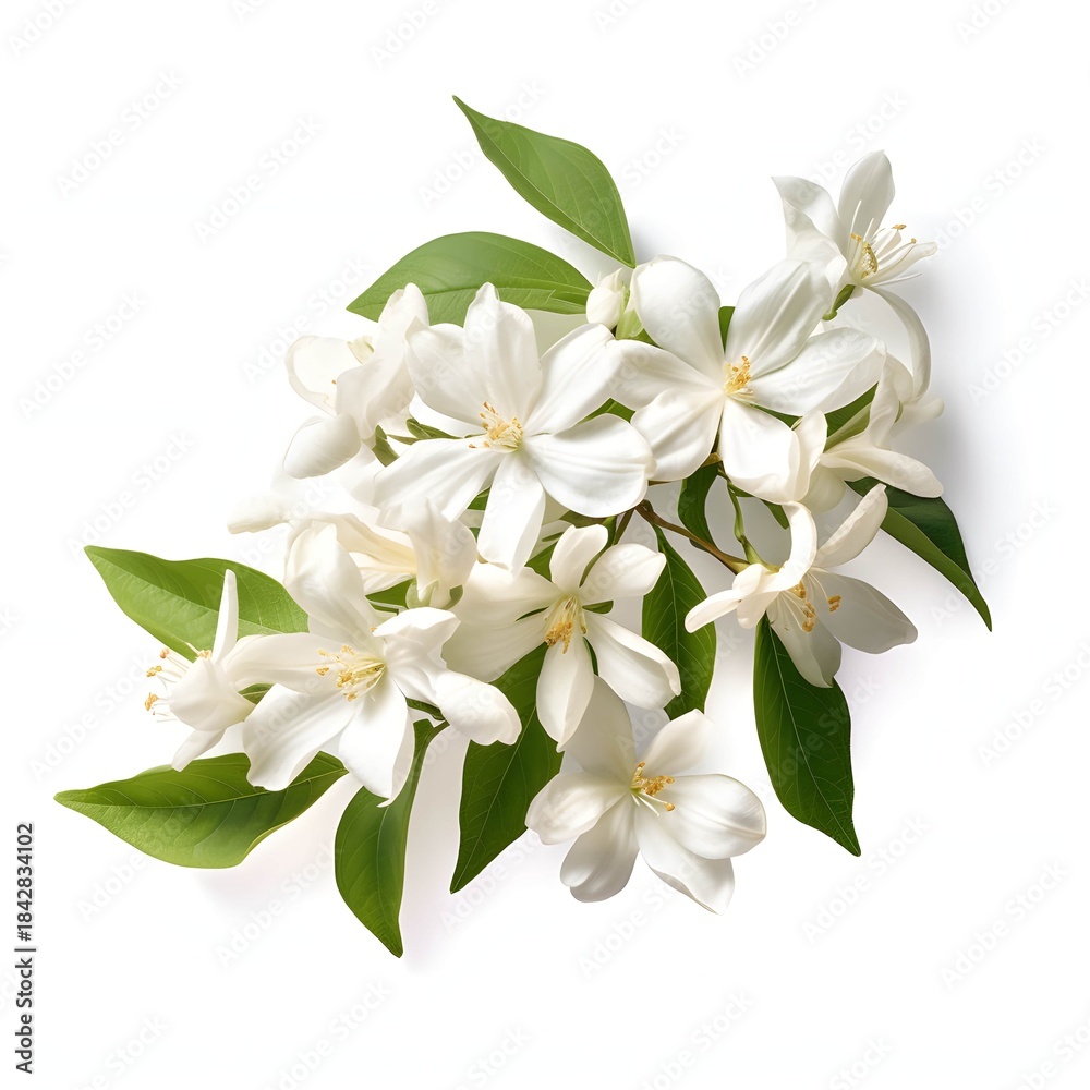 Obraz premium Arrangement of elegant gardenia flowers and verdant foliage on a light background