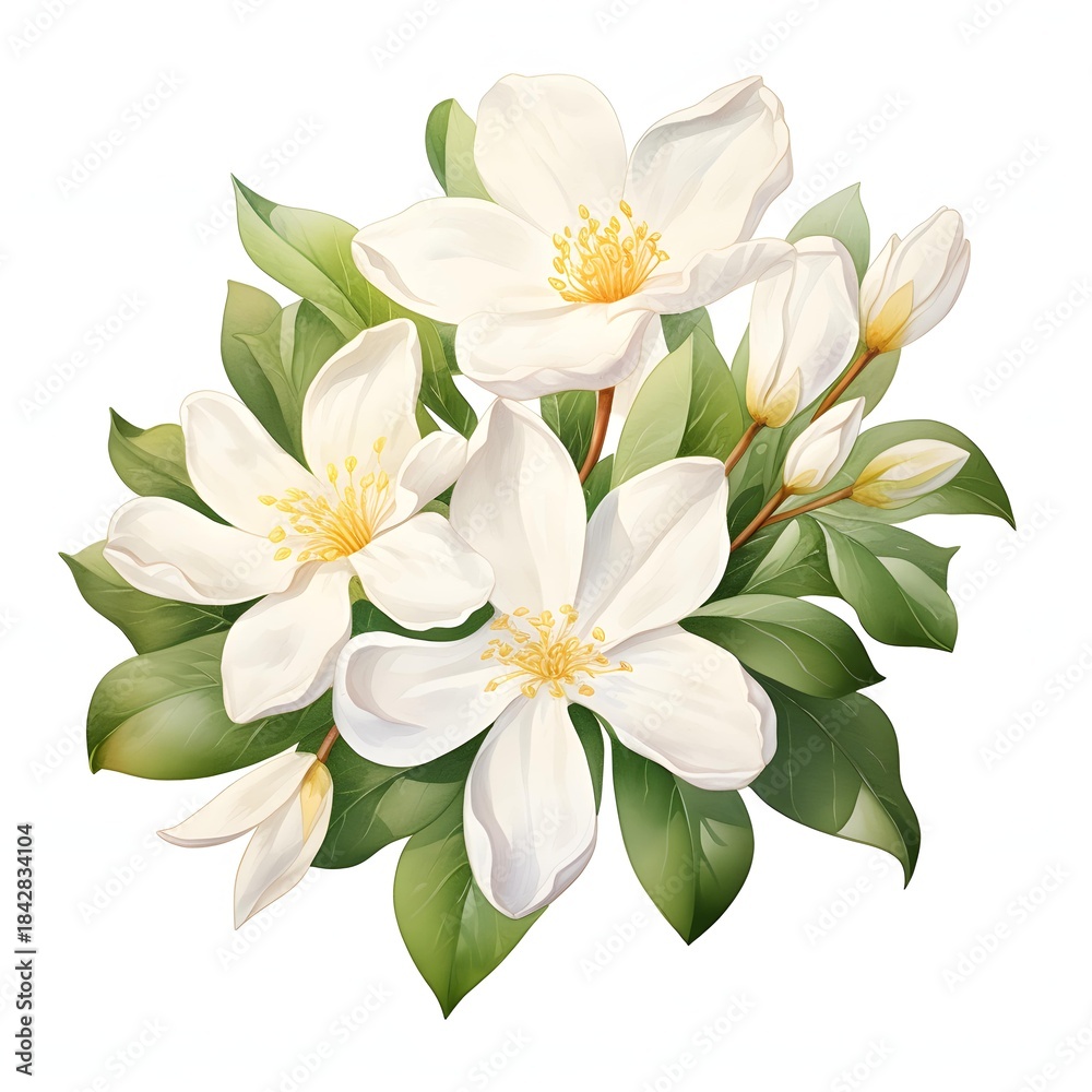 Fototapeta premium Elegant white magnolia blossoms surrounded by vibrant green leaves