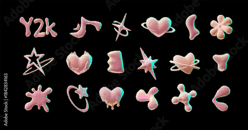 A set of Y2K style pixel fluid elements, pink color, glow effect, black isolated background.