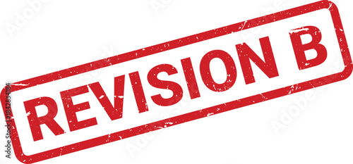 Revision B Red Rubber Stamp Impression with Distressed Texture on a White Background