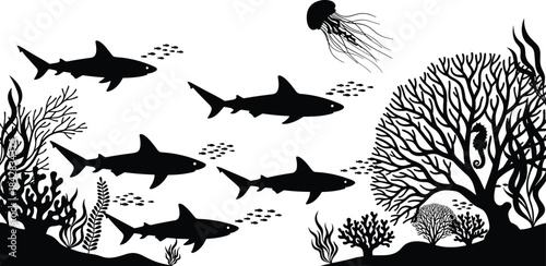 Underwater silhouette illustration, sharks and jellyfish, coral reef, marine life, ocean ecosystem, seahorse, fish school, black vector, sea biodiversity, naturePrint