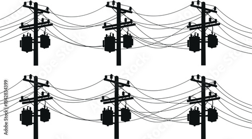 PUtility pole silhouette set, electrical transformer and power line network, black vector illustration of infrastructure and energy distributionrint