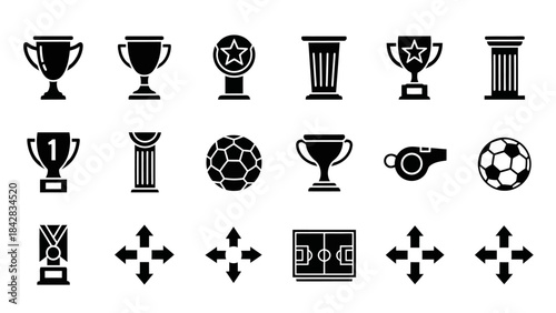 A collection of black and white sports icons including trophies, soccer balls, a whistle, a sports field, and directional arrows.