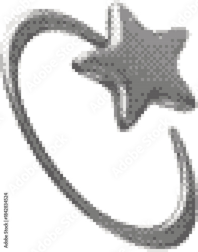 Abstract Y2K icon of a five-pointed star with an oval flight line, halftone chrome pixel element.