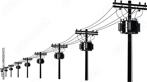 Utility poles, electrical transformers, power lines, infrastructure, black and white, perspective view, energy distribution, rural grid, tension cables, industrial design.