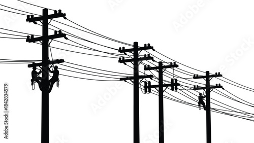 PriUtility pole silhouettes, electrical workers, power lines, black vector, maintenance, infrastructure, energy grid, repair, safety gear, industrial, depthnt
