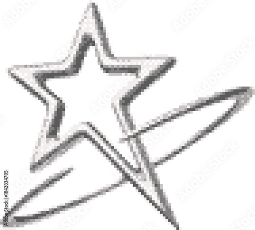 Pixelated five-pointed star with one elongated end and an oval, Y2K, chrome silver color.