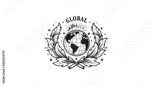 A black and white illustration of the Earth surrounded by laurel leaves and stars, with the word "GLOBAL" at the top.