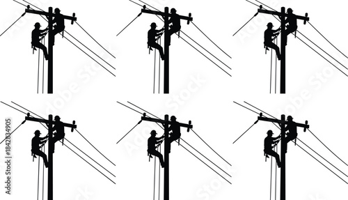 Utility workers silhouette set, power line maintenance teamwork, black vector illustration of electrical pole safety and field operation