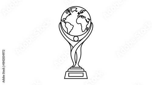 A stylized black and white line drawing of a trophy featuring a human figure holding up a globe.
