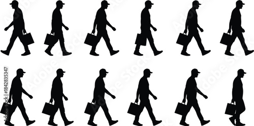 Walking cycle silhouettes, black vector, motion sequence, cap and bag, white background, human stride, animation reference, biomechanics, locomotion study