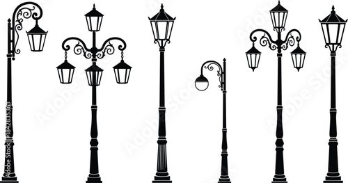 Vintage street lamp silhouettes, ornate lantern designs, urban lighting elements, decorative posts, classic outdoor fixtures, black vector icons, architectural detail