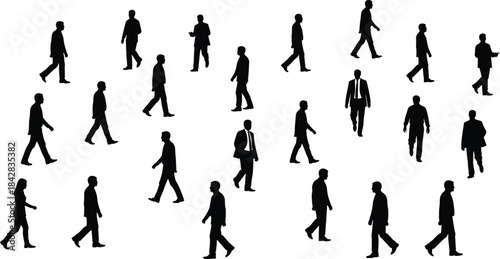 Walking people silhouettes, black vector, human motion, diverse postures, crowd movement, white background, gesture study, direction variation, urban flow, stride