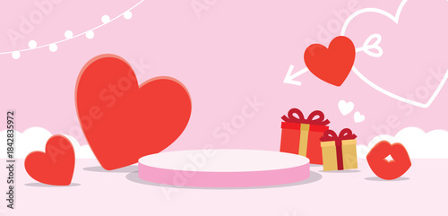 podium with cute hearts and gifts and lips display props graphic vector in valentine's day theme for putting object or product