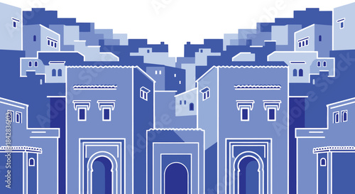 Vibrant Blue Cityscape Moroccan Architecture Minimalist Urban Illustration Design