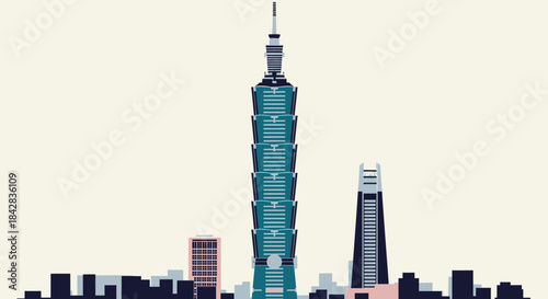 Modern Minimalist Vector Cityscape Illustration Featuring Iconic Taipei 101 Skyscraper