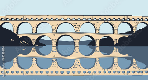 Ancient Roman Aqueduct Bridge Reflected in Calm Water Vector Illustration