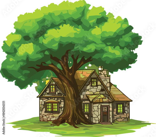 Charming stone cottage nestled beneath a massive lush green tree creating a peaceful fairytale woodland atmosphere in nature illustration design