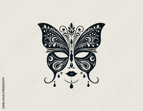 Intricate decorative butterfly wings masquerade mask covering a seductive woman's face vector illustration. Mystery performance concept