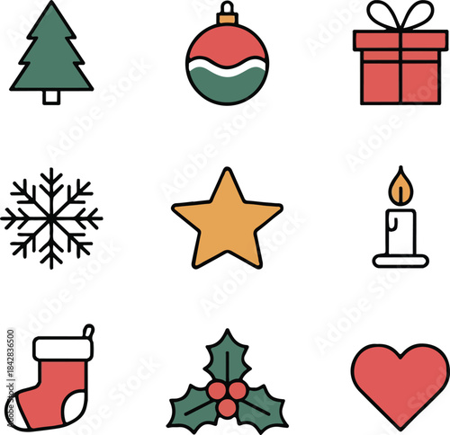 Essential Christmas Icons in Flat Design with Black Stroke