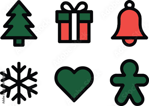 Colorful Christmas Outline Icon Set with Traditional Colors
