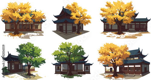 “Traditional Asian temple buildings with vibrant autumn and spring trees, detailed cultural architecture illustration showcasing seasonal landscapes for design and decoration”