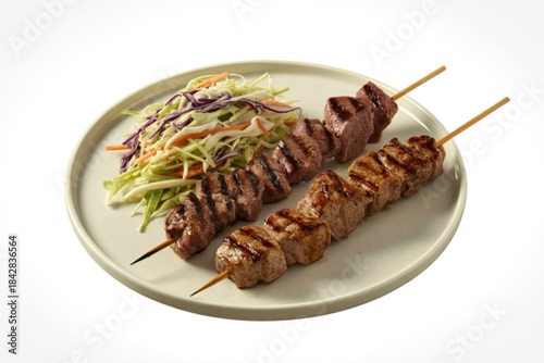 A clean product photograph of a grilled meat skewers and fresh coleslaw salad