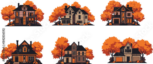 “Collection of charming autumn houses surrounded by vibrant fall trees, cozy seasonal home illustrations, warm orange foliage landscape design for decoration”