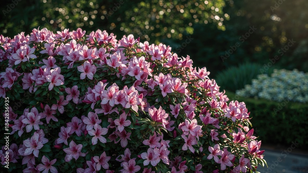 Obraz premium Pink azalea flowers in full bloom during daytime with sunlight, garden scene