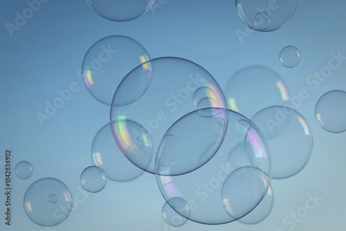 translucent soap bubbles floating gracefully through a soft powder blue atmosphere