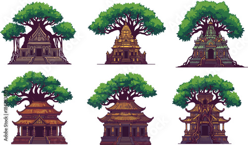 Mystical ancient temples fused with giant sacred trees, fantasy architecture landscape, enchanted forest shrines, spiritual nature structures, magical heritage design