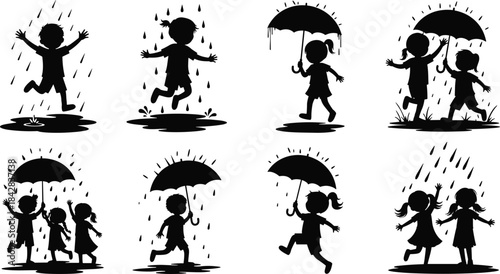 Silhouette children playing in rain with umbrellas, joyful kids jumping in puddles, rainy day outdoor fun vector illustration for design