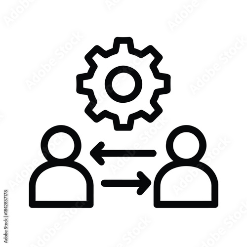 Vector illustration of two people exchanging information with a gear icon representing process or settings