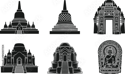 Sacred Buddhist stupa icons and temple monument silhouettes representing ancient Asian architecture, cultural heritage, spirituality, meditation, religion, and traditional art design
