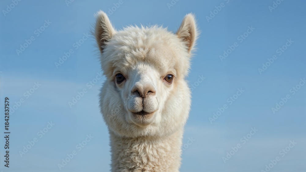 Obraz premium Close-up of a white alpaca's face with a blue sky background. Cute and fluffy animal showcasing its gentle expression.