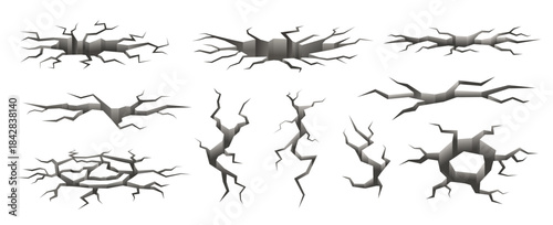 Ground crack and hole in floor texture. 3d fissure for concrete, ice or stone wall effect. Realistic earthquake damage and road split for destruction or desert concept. Vector isolated set