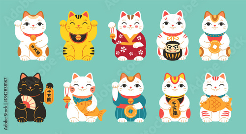 Lucky cat Japanese figurine. Maneki neko cute cartoon Asian character fortune symbol. Kawaii cat with bell and waving paw, money and prosperity or wealth design. Vector isolated set